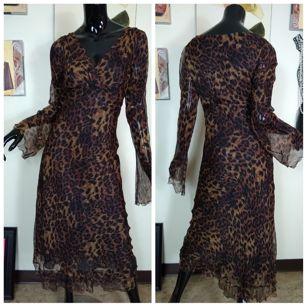 Silk Leopard Flare Sleeve Bohocore Hippy Nicole Miller Dress